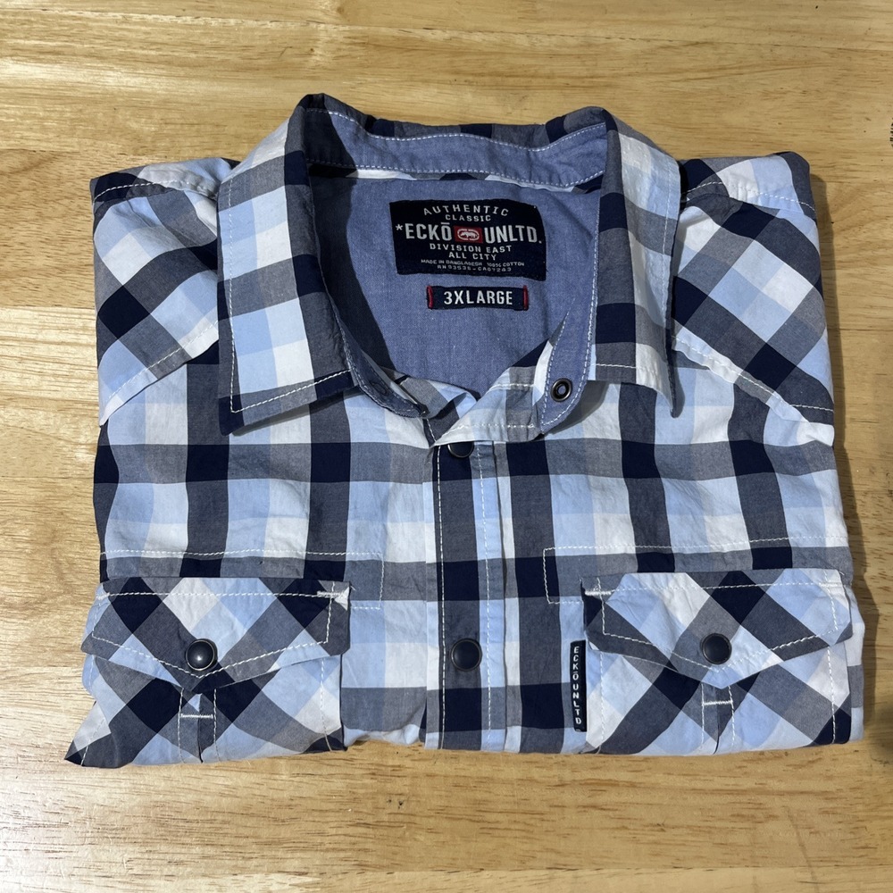 ECKO UNLTD‎ Mens 3XL blue PLAID Authentic Classic BUTTON SHIRT DENIM TRIM